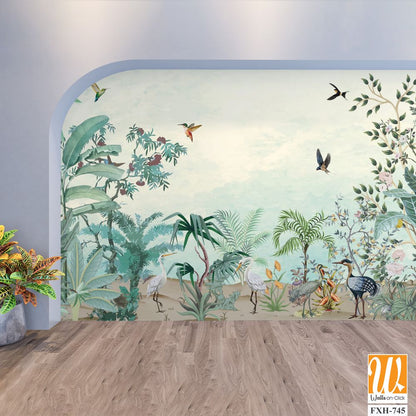 Natural High Quality Mural Design, Tropical Mural wall Design, Watercolor Background with brids. [WP-FXH-745]