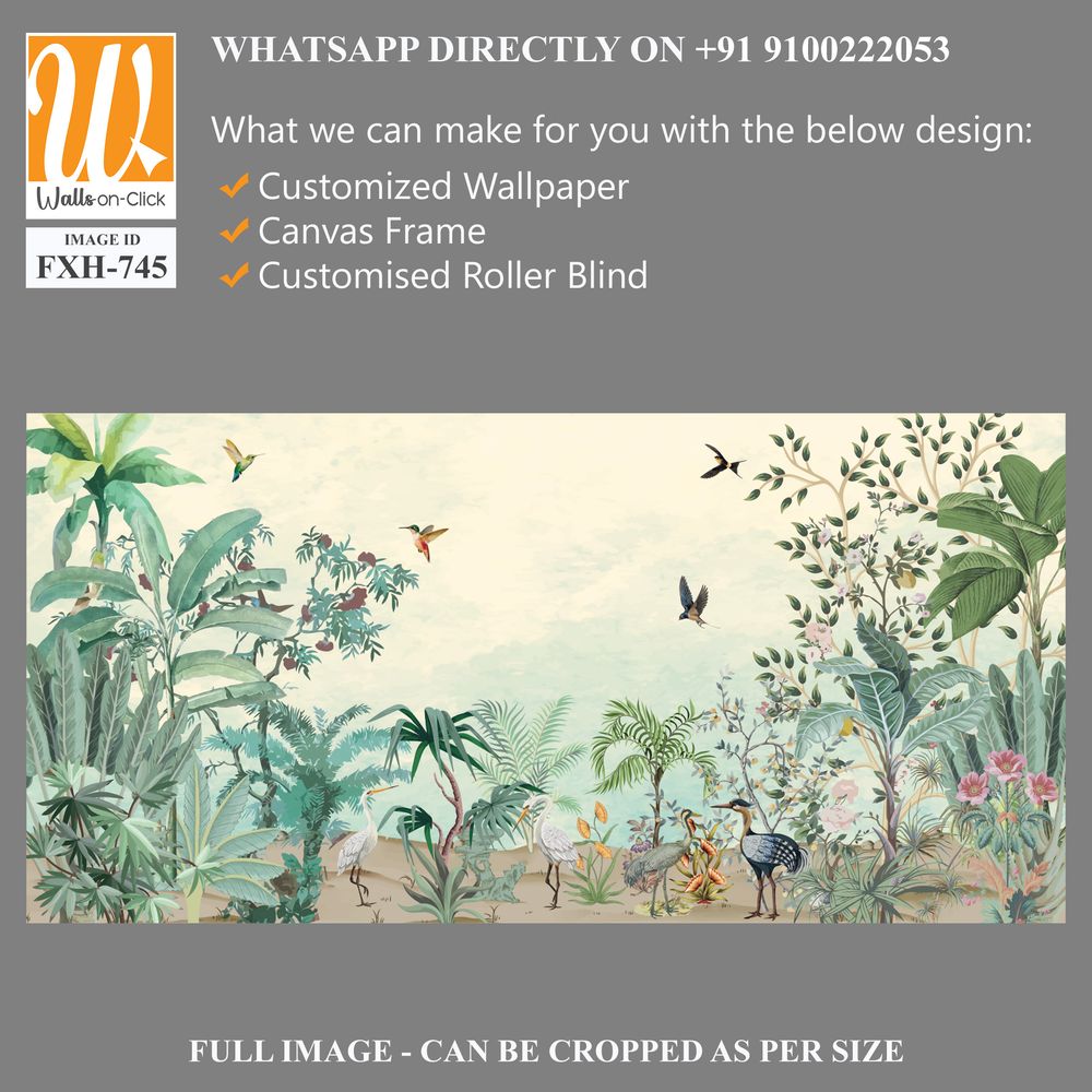 Natural High Quality Mural Design, Tropical Mural wall Design, Watercolor Background with brids. [WP-FXH-745]