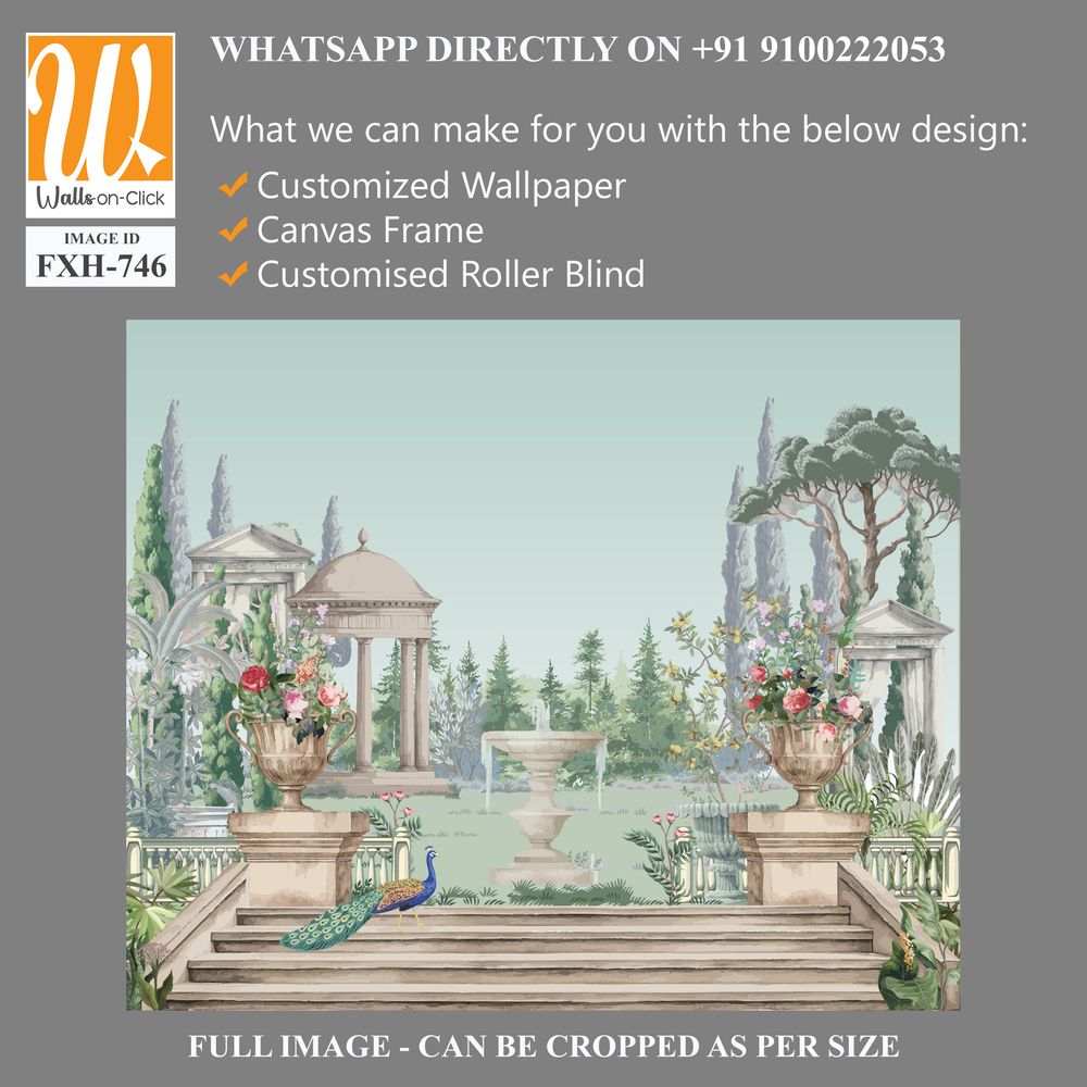 Greek garden with peacock, temple, dome, stair illustration for wallpaper [WP-FXH-746]