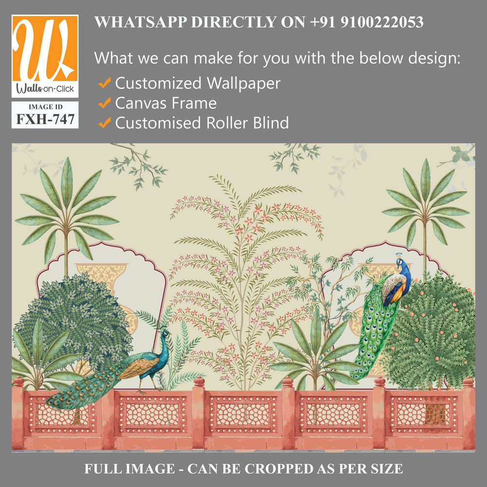 Mughal decorative garden with wall, peacock, tree, arch illustration [WP-FXH-747]