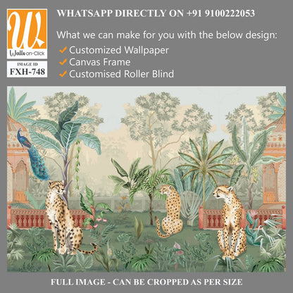 Mughal garden with cheetah, peacock, temple, tree, flower seamless pattern illustration [WP-FXH-748]