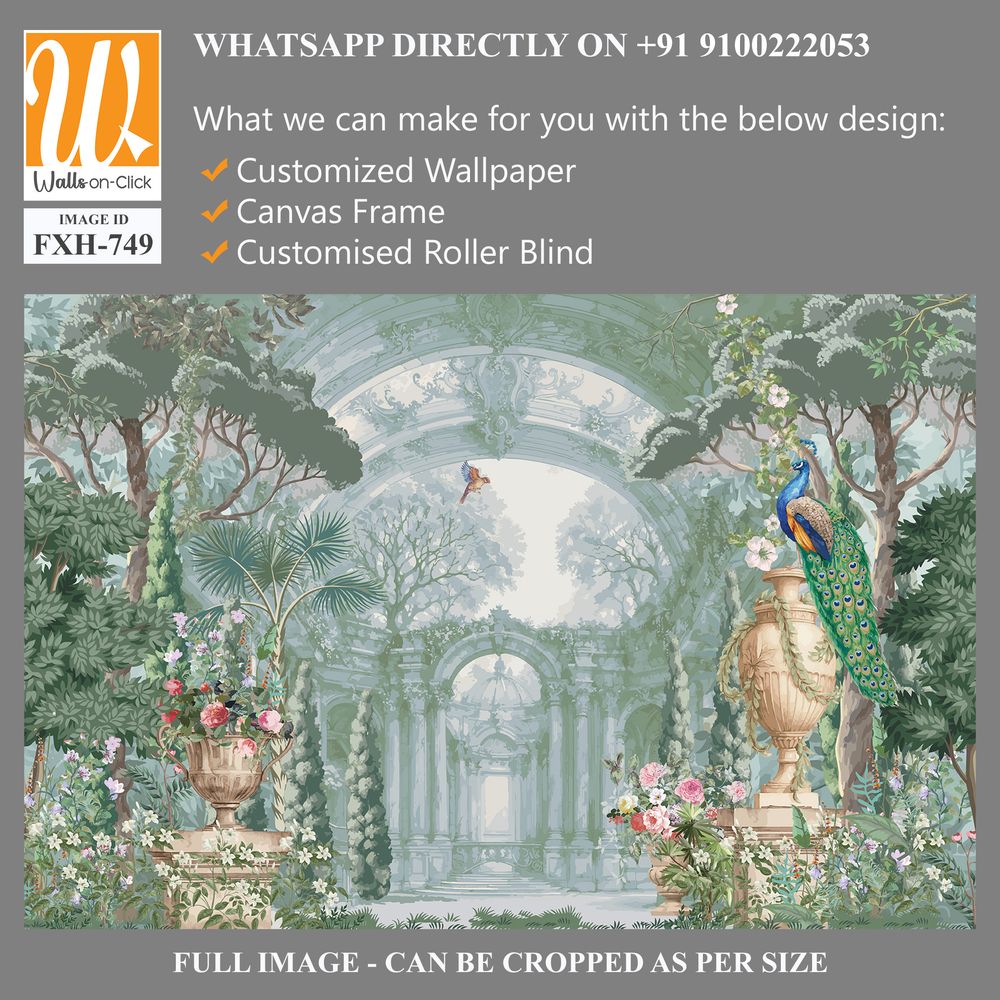 Baroque style garden with peacock, palace, dome, arch illustration for wallpaper [WP-FXH-749]