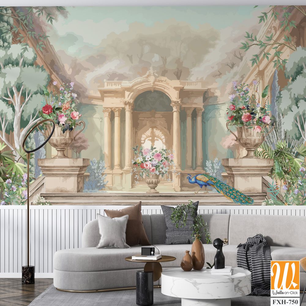 Baroque garden with peacock, palace, arch and Roman dome illustration for wallpaper [WP-FXH-750]