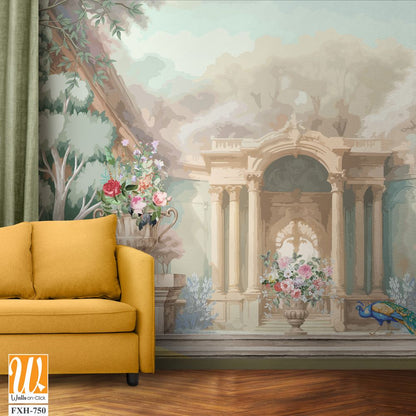 Baroque garden with peacock, palace, arch and Roman dome illustration for wallpaper [WP-FXH-750]