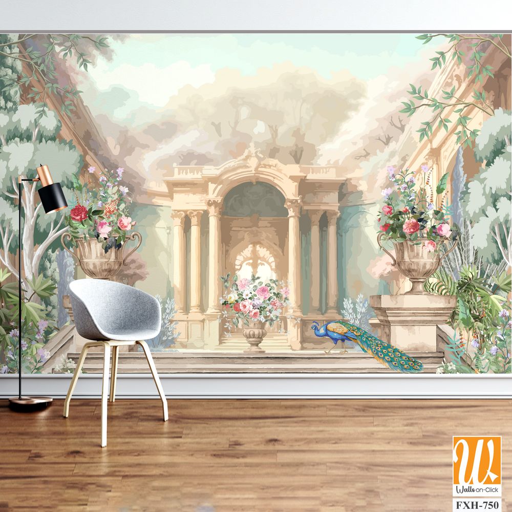 Baroque garden with peacock, palace, arch and Roman dome illustration for wallpaper [WP-FXH-750]