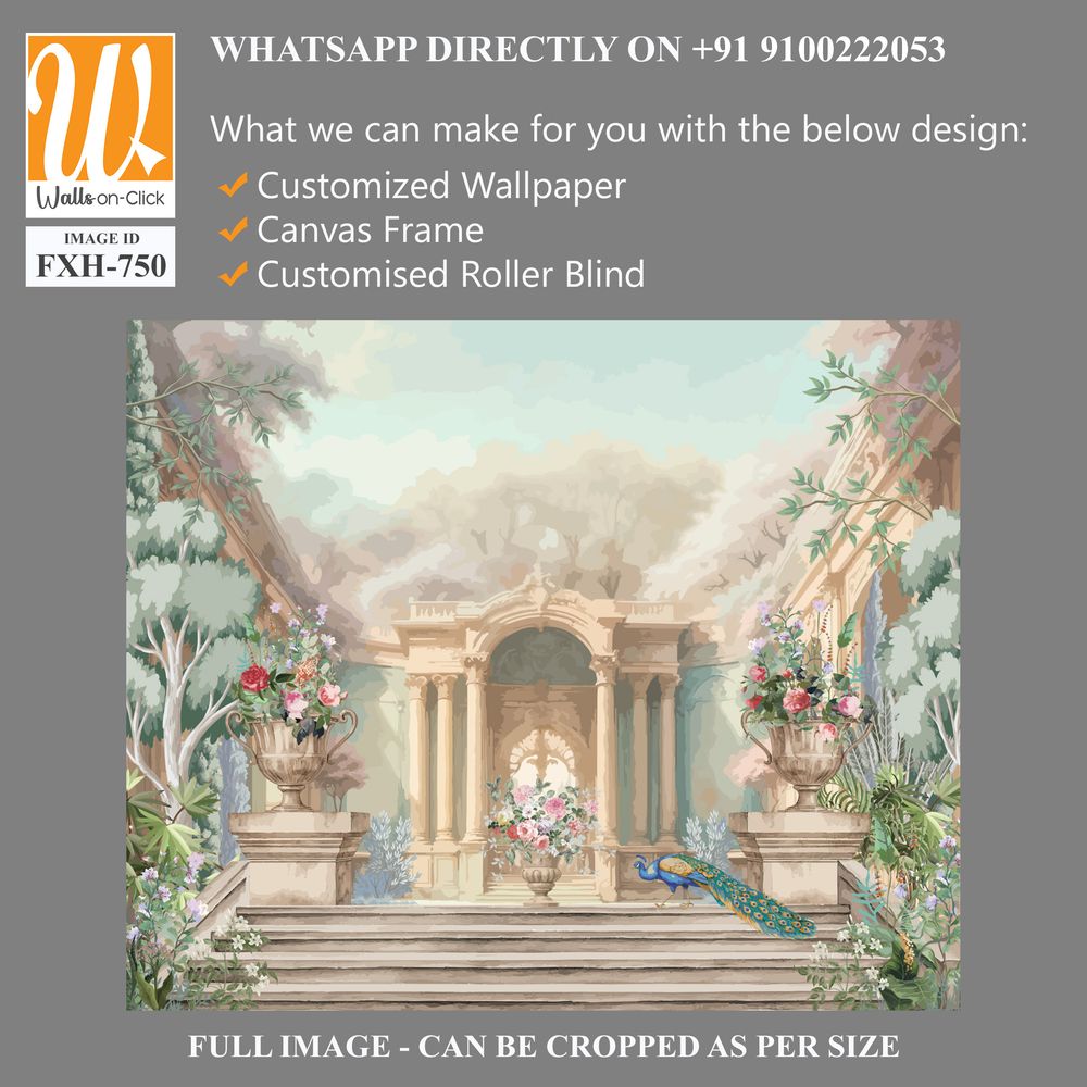 Baroque garden with peacock, palace, arch and Roman dome illustration for wallpaper [WP-FXH-750]