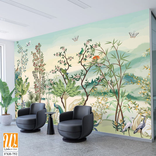 Painted,Tree,Without,Fruit,On,White,Background.,Chinoiserie.Tropical Background, birds, watercolor background. [WP-FXH-752]