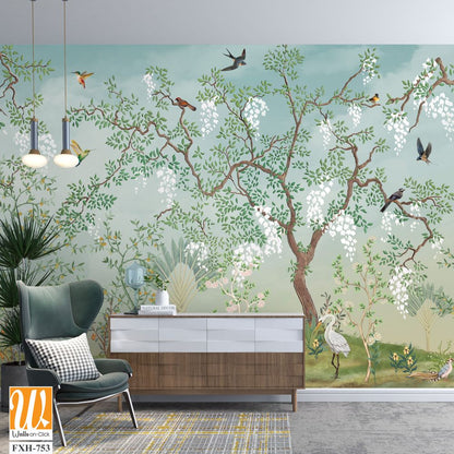 Flowering,Tree,In,The,Japanese,Garden,With,Birds.,Fresco,,Wallpaper,Mural background design, tropical, Watercolor background. [WP-FXH-753]