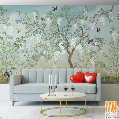 Flowering,Tree,In,The,Japanese,Garden,With,Birds.,Fresco,,Wallpaper,Mural background design, tropical, Watercolor background. [WP-FXH-753]