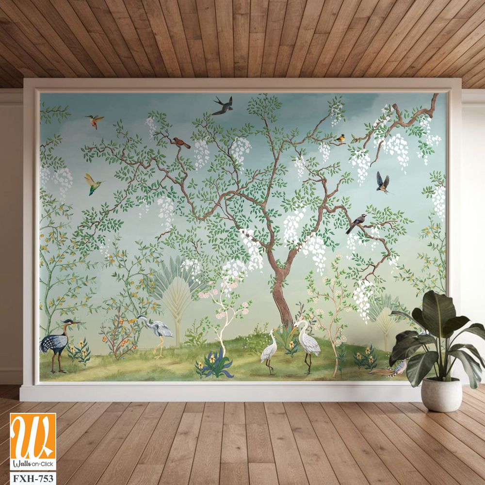 Flowering,Tree,In,The,Japanese,Garden,With,Birds.,Fresco,,Wallpaper,Mural background design, tropical, Watercolor background. [WP-FXH-753]