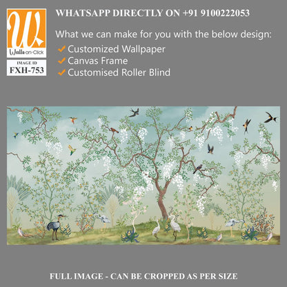 Flowering,Tree,In,The,Japanese,Garden,With,Birds.,Fresco,,Wallpaper,Mural background design, tropical, Watercolor background. [WP-FXH-753]