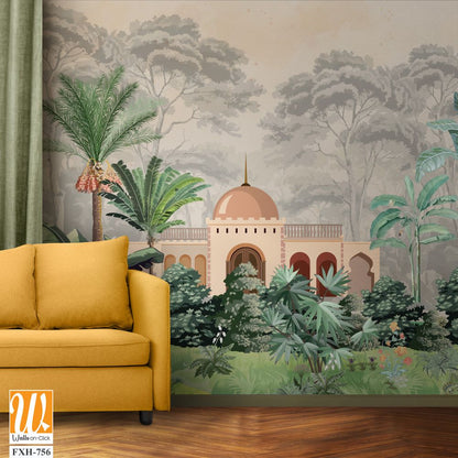 Mughal Mural Design, Mughal Wallpaper , Mughal garden with Mughal temple and watercolor tree, Watercolor background. [WP-FXH-756]