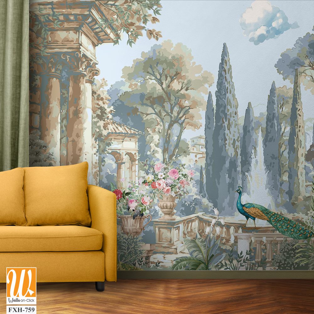 Italian garden with peacock, bird, tree vintage illustration for wallpaper [WP-FXH-759]