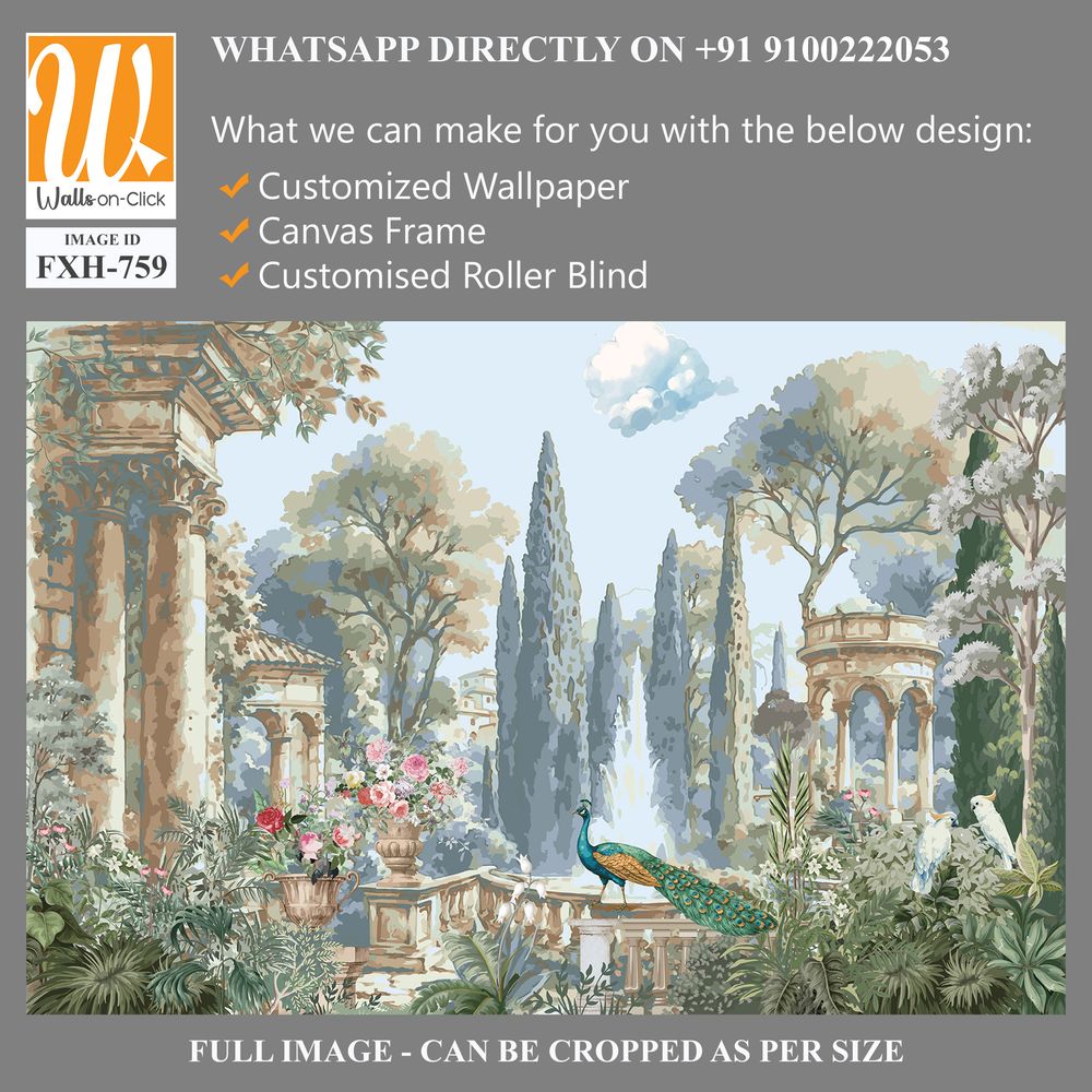 Italian garden with peacock, bird, tree vintage illustration for wallpaper [WP-FXH-759]