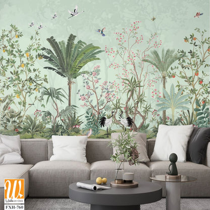 Floral Wall Mural, Tropical Plant with flower mural design, birds, Watercolor background. [WP-FXH-760]