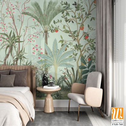 Floral Wall Mural, Tropical Plant with flower mural design, birds, Watercolor background. [WP-FXH-760]