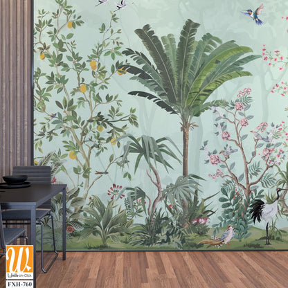 Floral Wall Mural, Tropical Plant with flower mural design, birds, Watercolor background. [WP-FXH-760]