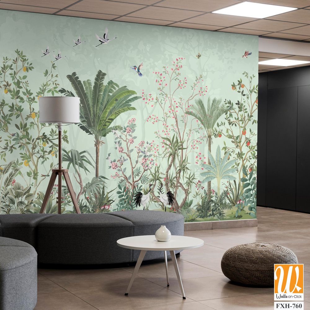 Floral Wall Mural, Tropical Plant with flower mural design, birds, Watercolor background. [WP-FXH-760]