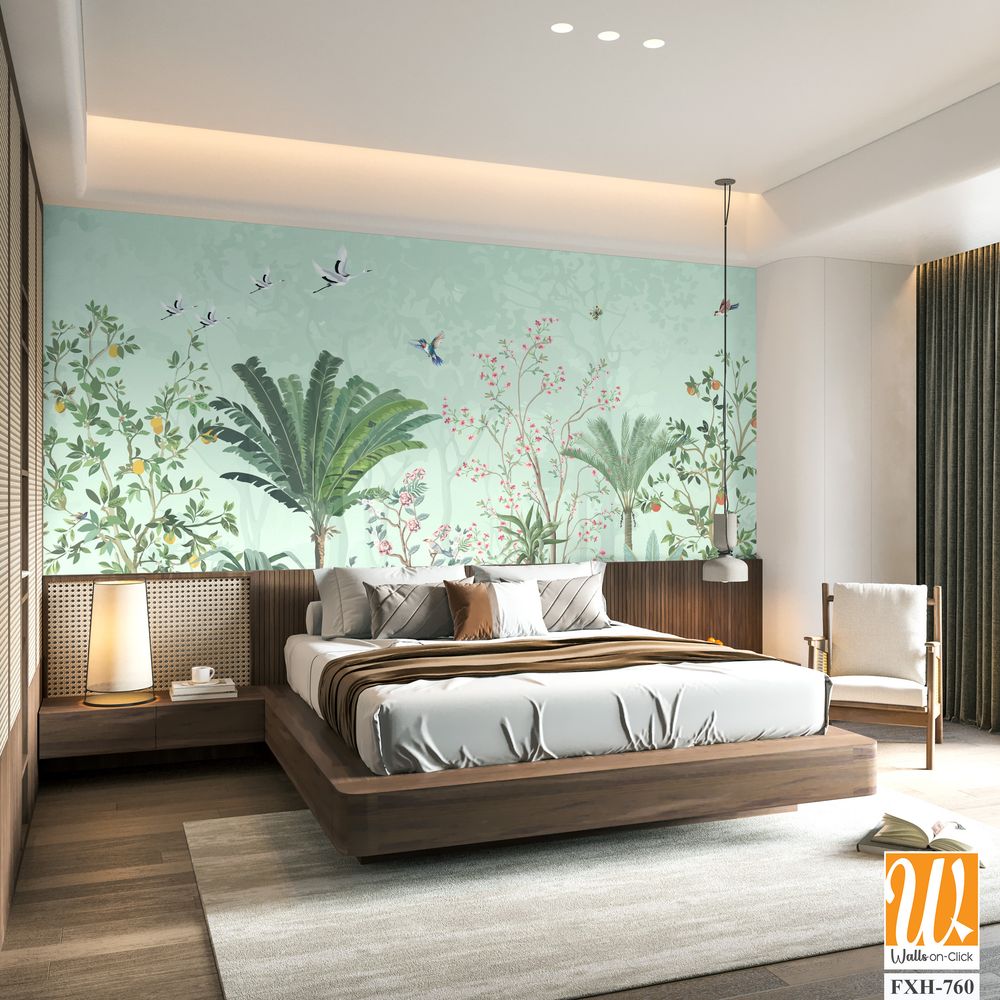 Floral Wall Mural, Tropical Plant with flower mural design, birds, Watercolor background. [WP-FXH-760]