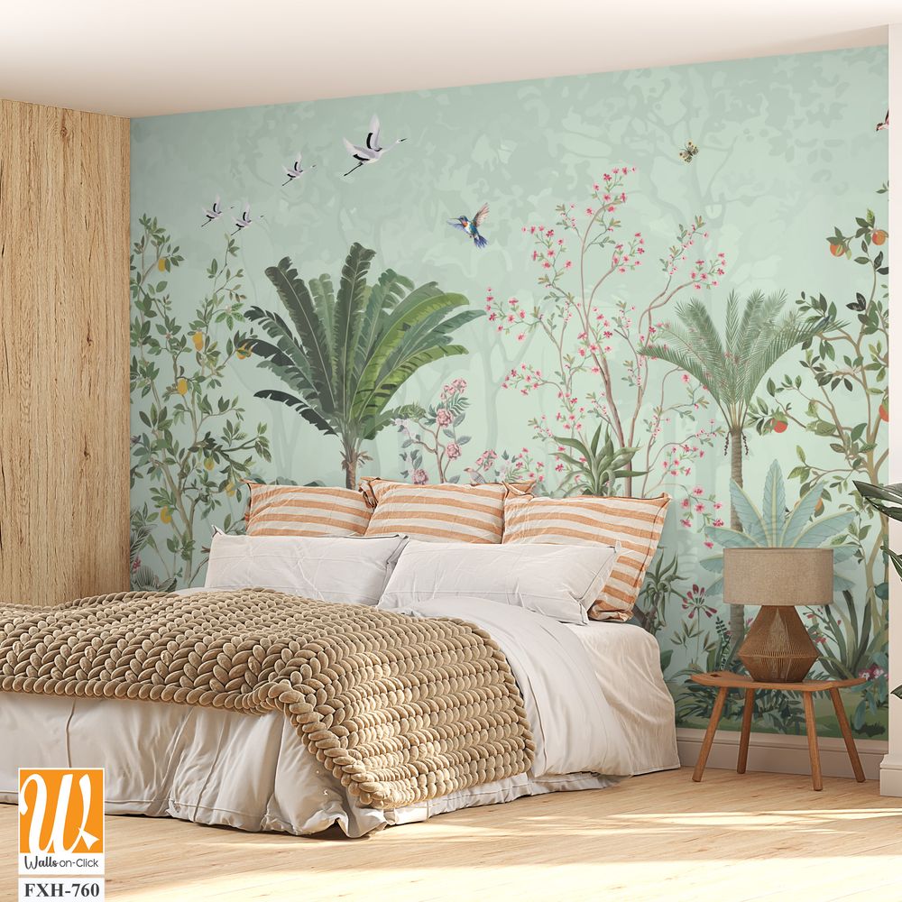 Floral Wall Mural, Tropical Plant with flower mural design, birds, Watercolor background. [WP-FXH-760]