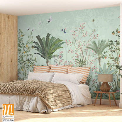 Floral Wall Mural, Tropical Plant with flower mural design, birds, Watercolor background. [WP-FXH-760]