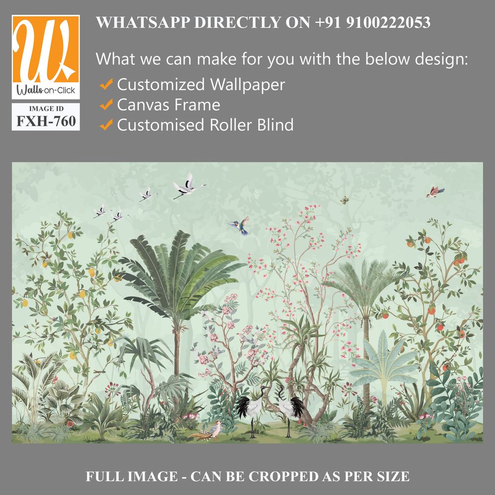 Floral Wall Mural, Tropical Plant with flower mural design, birds, Watercolor background. [WP-FXH-760]