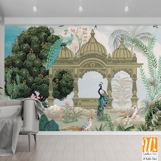 Mughal Mural Design, traditional Mughal Mural Wallpaper with Peacock and birds, Watercolor background. [WP-FXH-761]