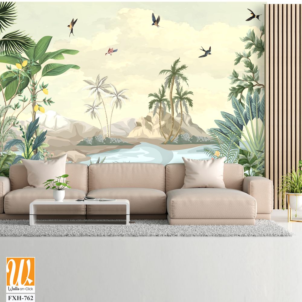 Tropical Wall Mural Design, Tropical plant, River , Sky, Watercolor tropical plant Background. [WP-FXH-762]