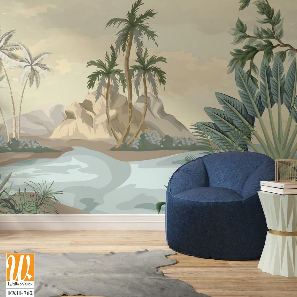 Tropical Wall Mural Design, Tropical plant, River , Sky, Watercolor tropical plant Background. [WP-FXH-762]