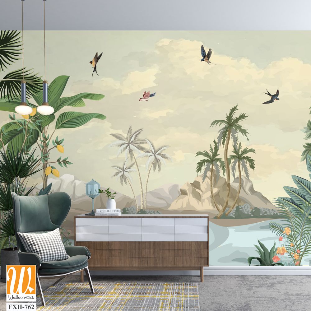 Tropical Wall Mural Design, Tropical plant, River , Sky, Watercolor tropical plant Background. [WP-FXH-762]