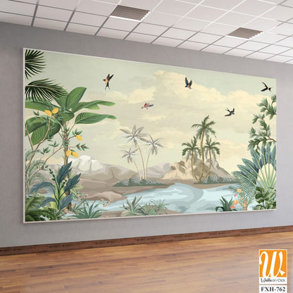 Tropical Wall Mural Design, Tropical plant, River , Sky, Watercolor tropical plant Background. [WP-FXH-762]