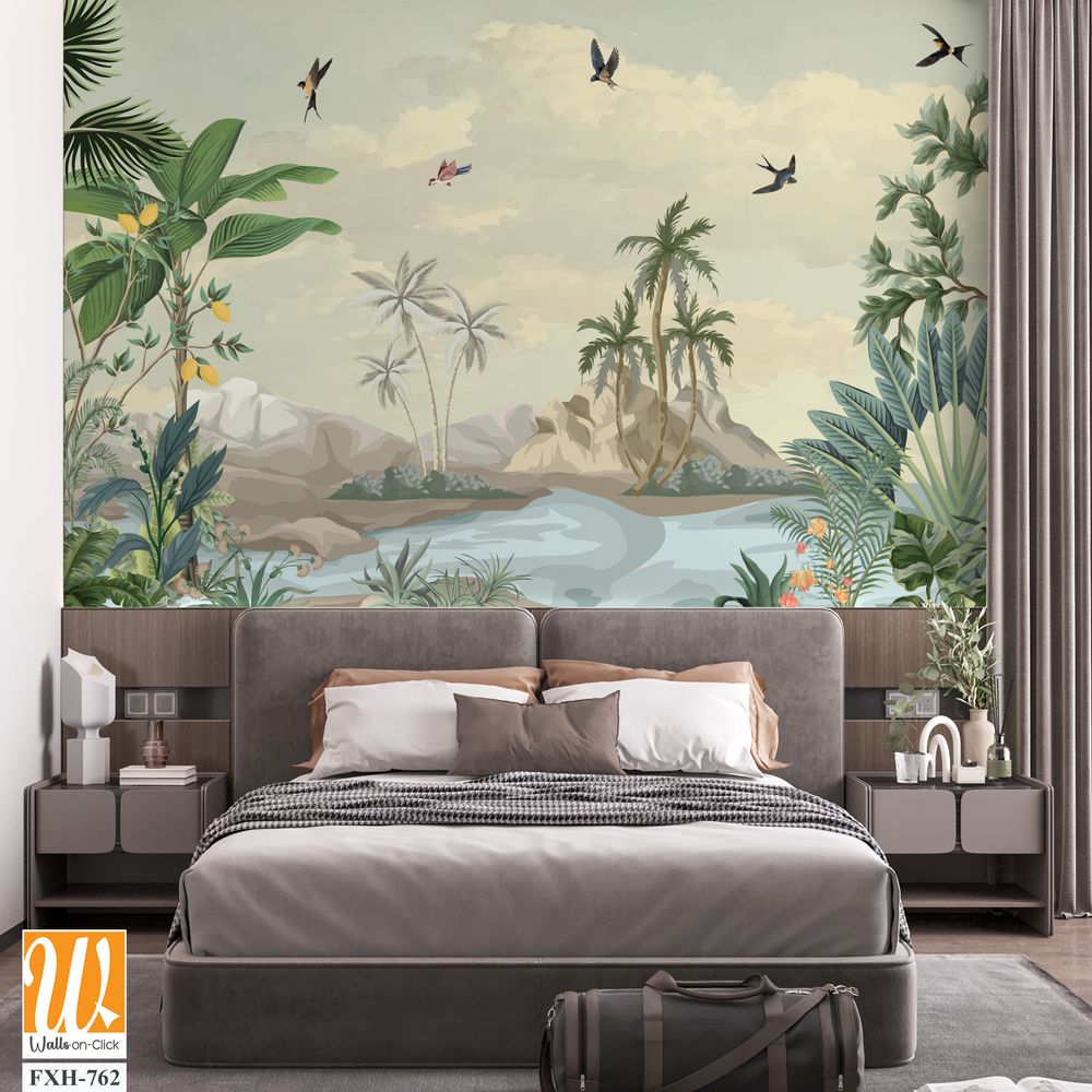 Tropical Wall Mural Design, Tropical plant, River , Sky, Watercolor tropical plant Background. [WP-FXH-762]