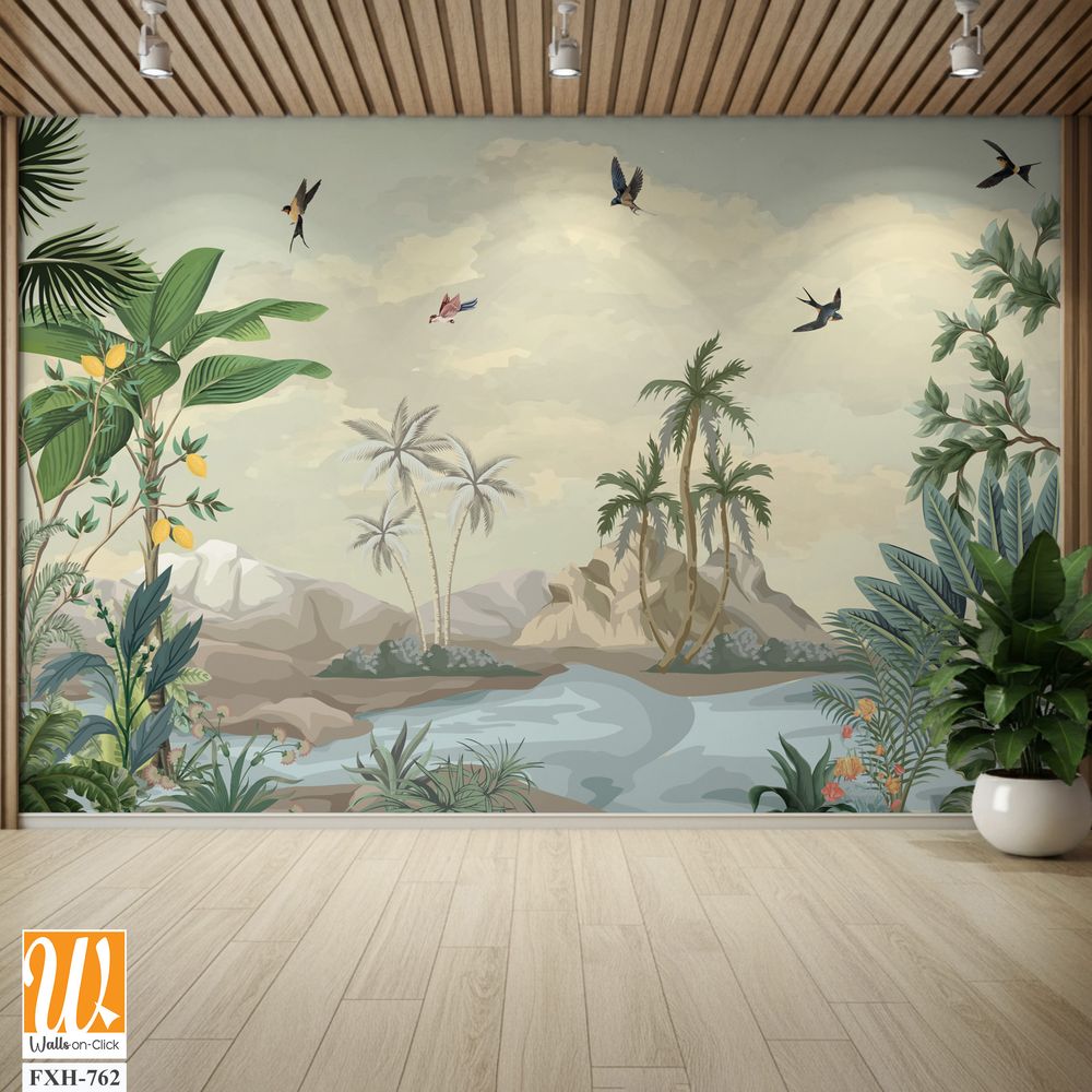 Tropical Wall Mural Design, Tropical plant, River , Sky, Watercolor tropical plant Background. [WP-FXH-762]