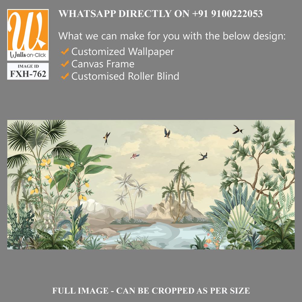 Tropical Wall Mural Design, Tropical plant, River , Sky, Watercolor tropical plant Background. [WP-FXH-762]