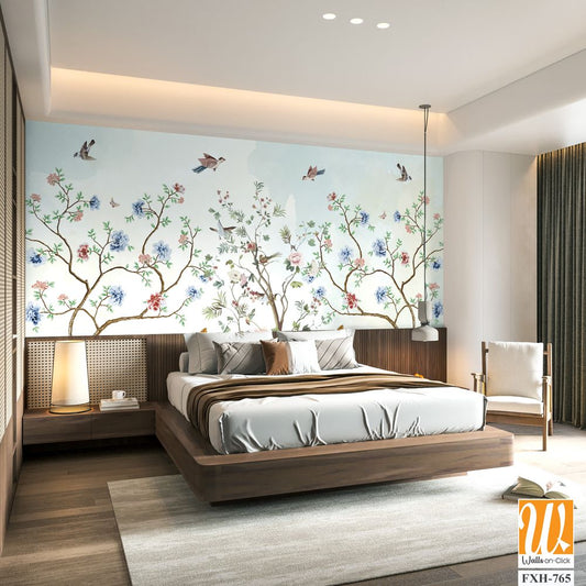 Chinoiserie Magnolia Mural, Tropical Mural Design, birds, Watercolor trees. [WP-FXH-765]