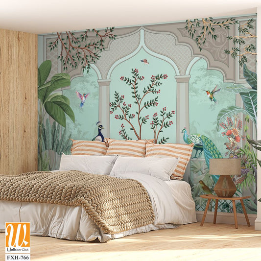 Traditional Mughal Wall Mural, Tropical Plant, Birds, Watercolor background,Peacock. [WP-FXH-766]