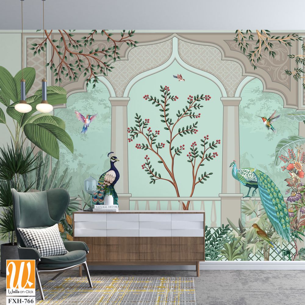 Traditional Mughal Wall Mural, Tropical Plant, Birds, Watercolor background,Peacock. [WP-FXH-766]