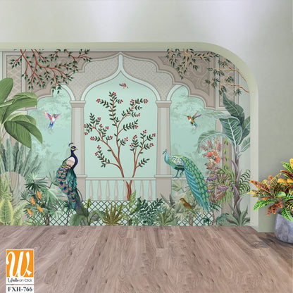 Traditional Mughal Wall Mural, Tropical Plant, Birds, Watercolor background,Peacock. [WP-FXH-766]