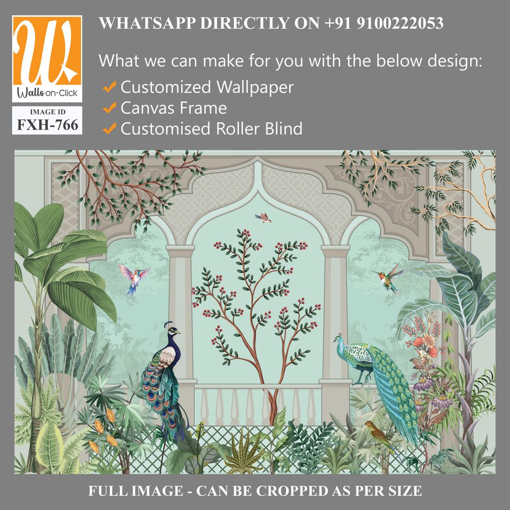 Traditional Mughal Wall Mural, Tropical Plant, Birds, Watercolor background,Peacock. [WP-FXH-766]