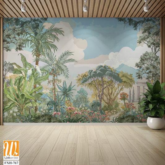 Tropical forest garden with Roman temple, tree, flower plant illustration for wallpaper [WP-FXH-767]