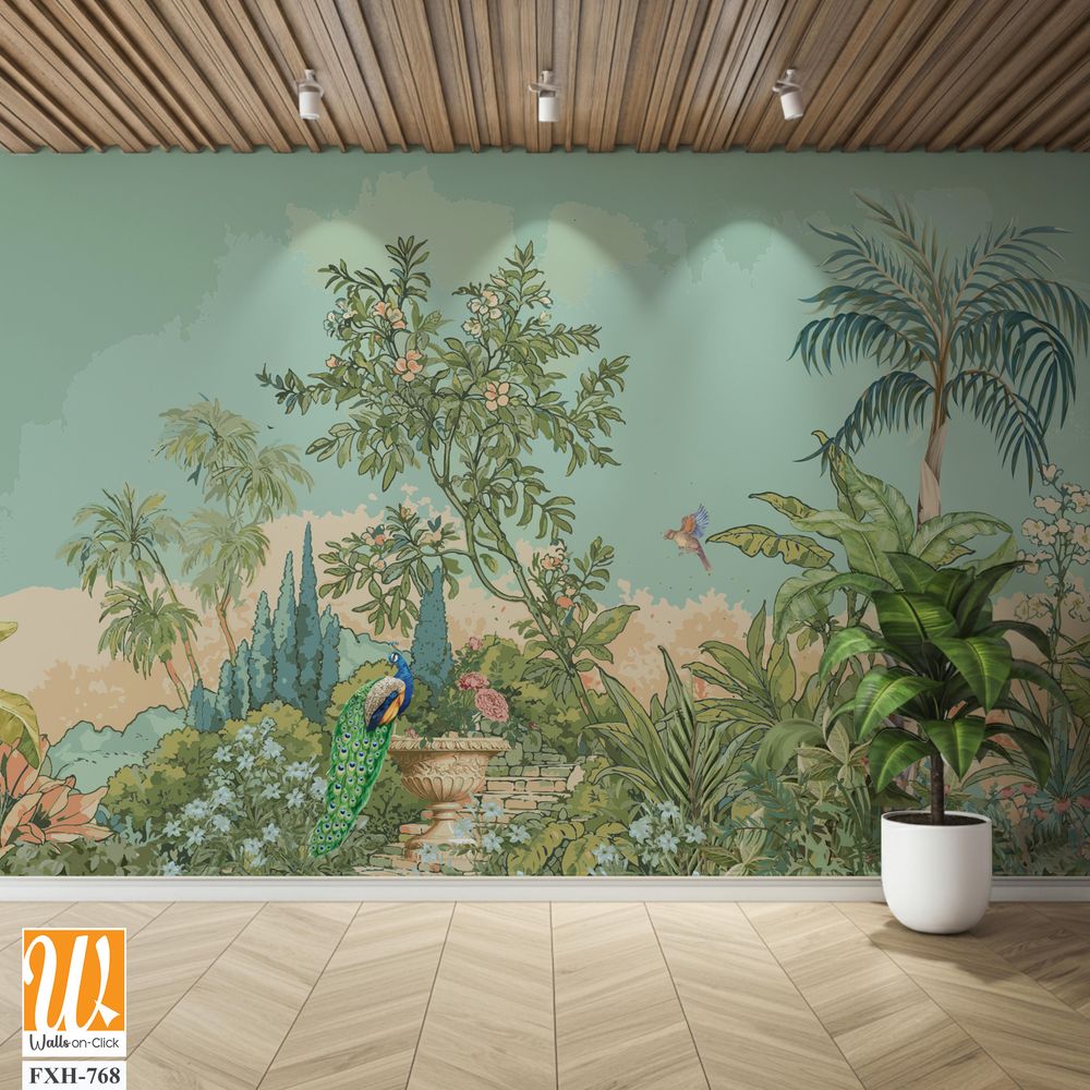 Tropical Roman garden with peacock, bird, palm tree, flower vase, plant illustration for wallpaper [WP-FXH-768]