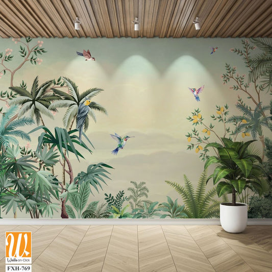 Chinoiserie Mural Wallpaper - Timeless Elegance Design, Watercolor Background, Birds. [WP-FXH-769]