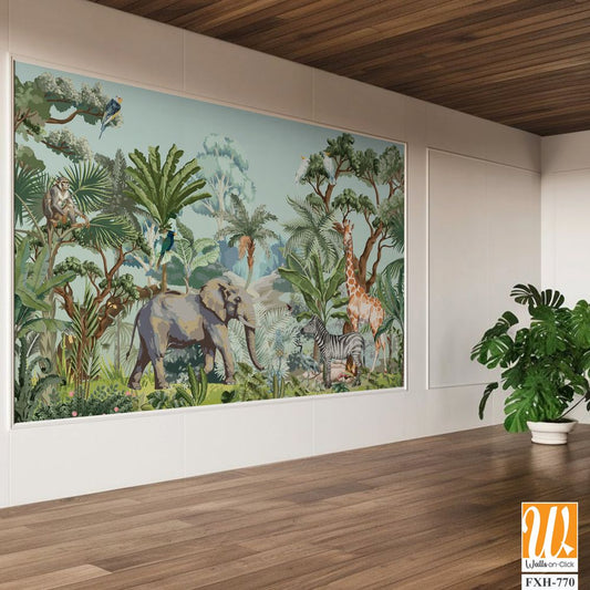 Tropical jungle Safari animals and bird illustration for mural pattern [WP-FXH-770]