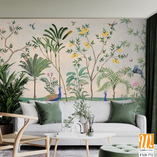 Chinoiserie Wallpaper,beautiful chinoiserie wallpaper for wall Mural, Tropical Plant, Birds, Peacock and watercolor background. [WP-FXH-772]