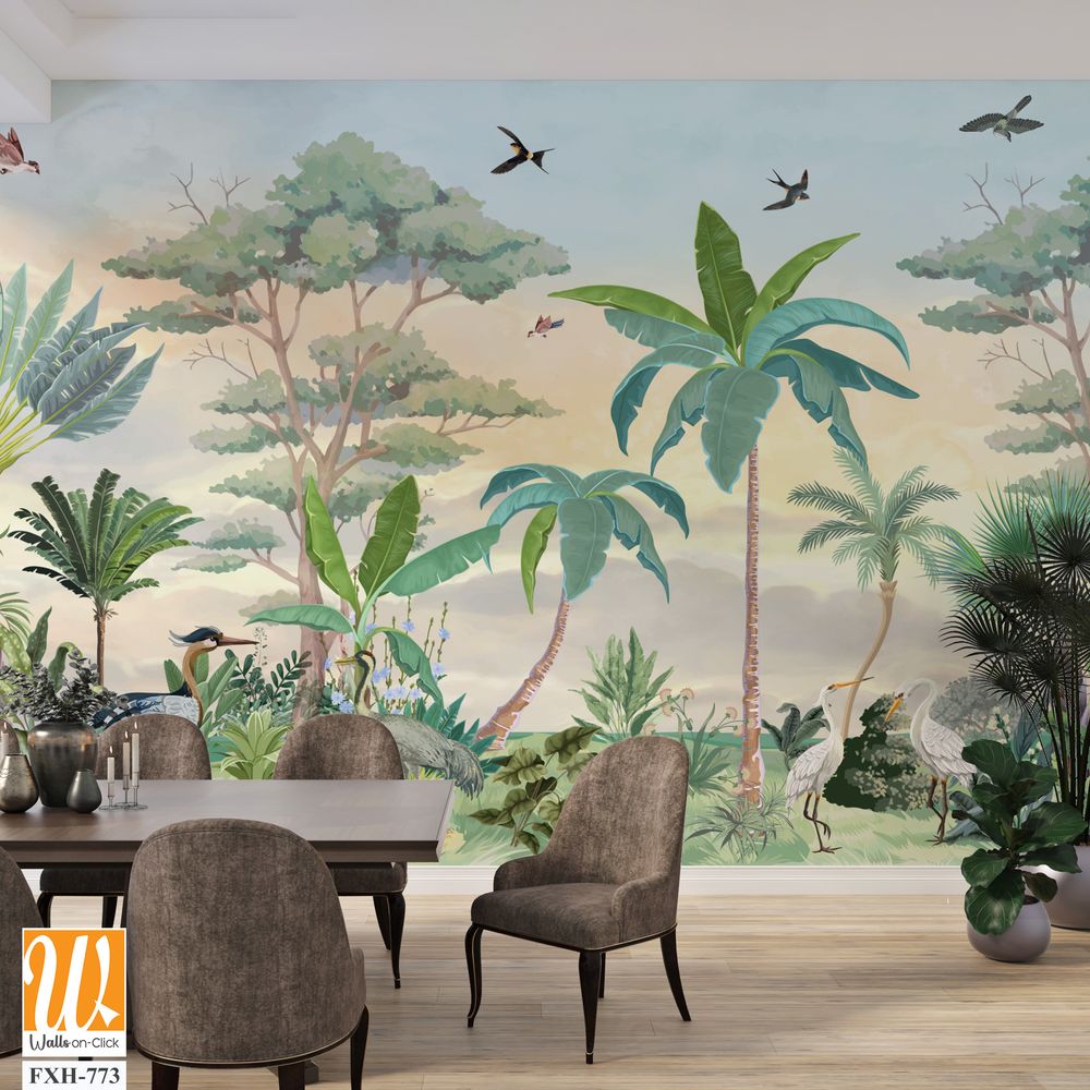 Stunning wall murals Illustration for Wall, Tropical plant with Watercolor background,Birds, Animals. [WP-FXH-773]