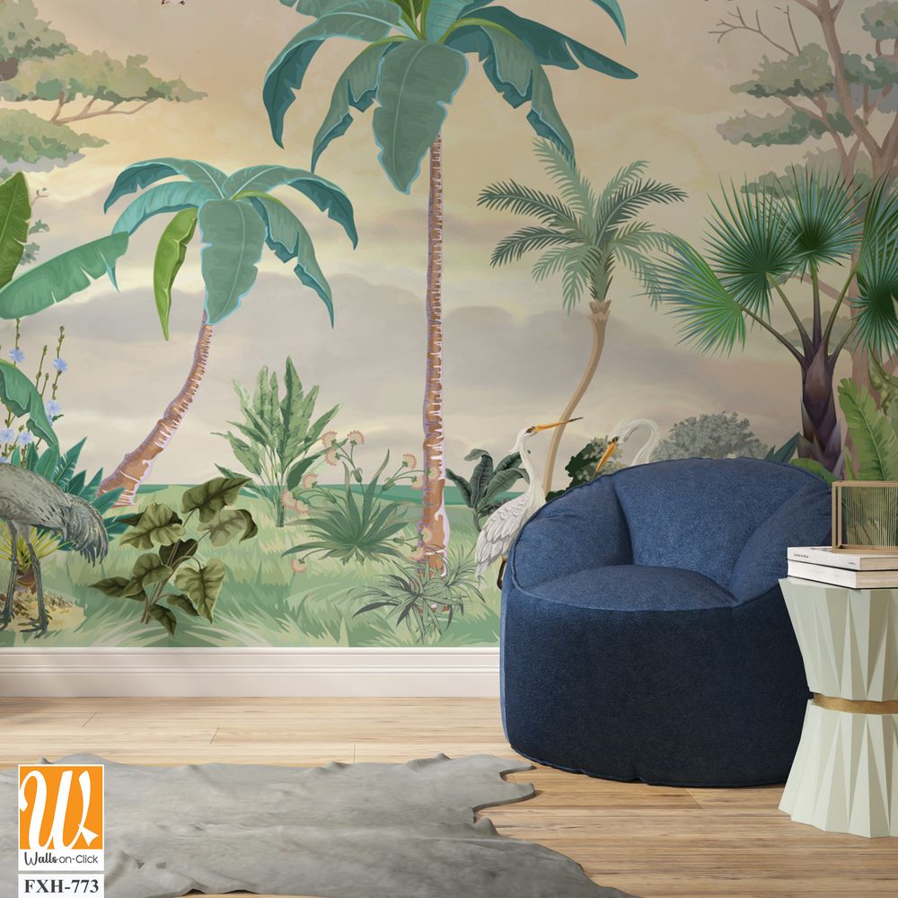 Stunning wall murals Illustration for Wall, Tropical plant with Watercolor background,Birds, Animals. [WP-FXH-773]