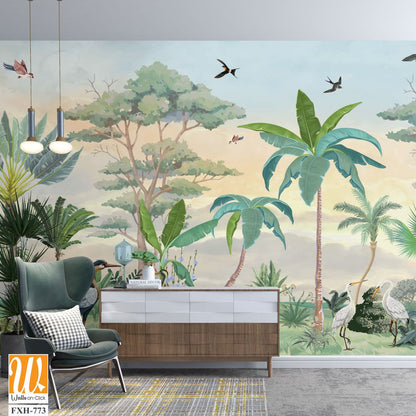 Stunning wall murals Illustration for Wall, Tropical plant with Watercolor background,Birds, Animals. [WP-FXH-773]