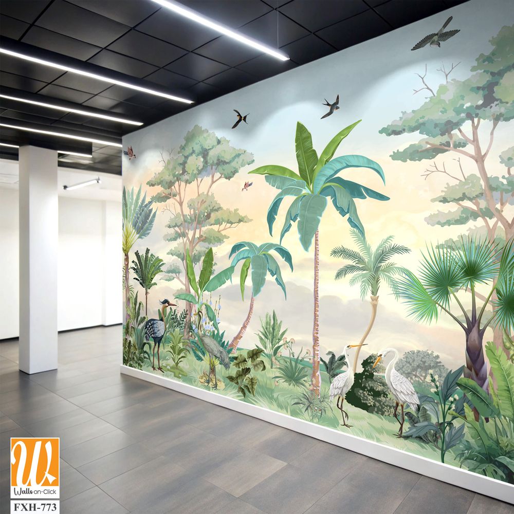 Stunning wall murals Illustration for Wall, Tropical plant with Watercolor background,Birds, Animals. [WP-FXH-773]