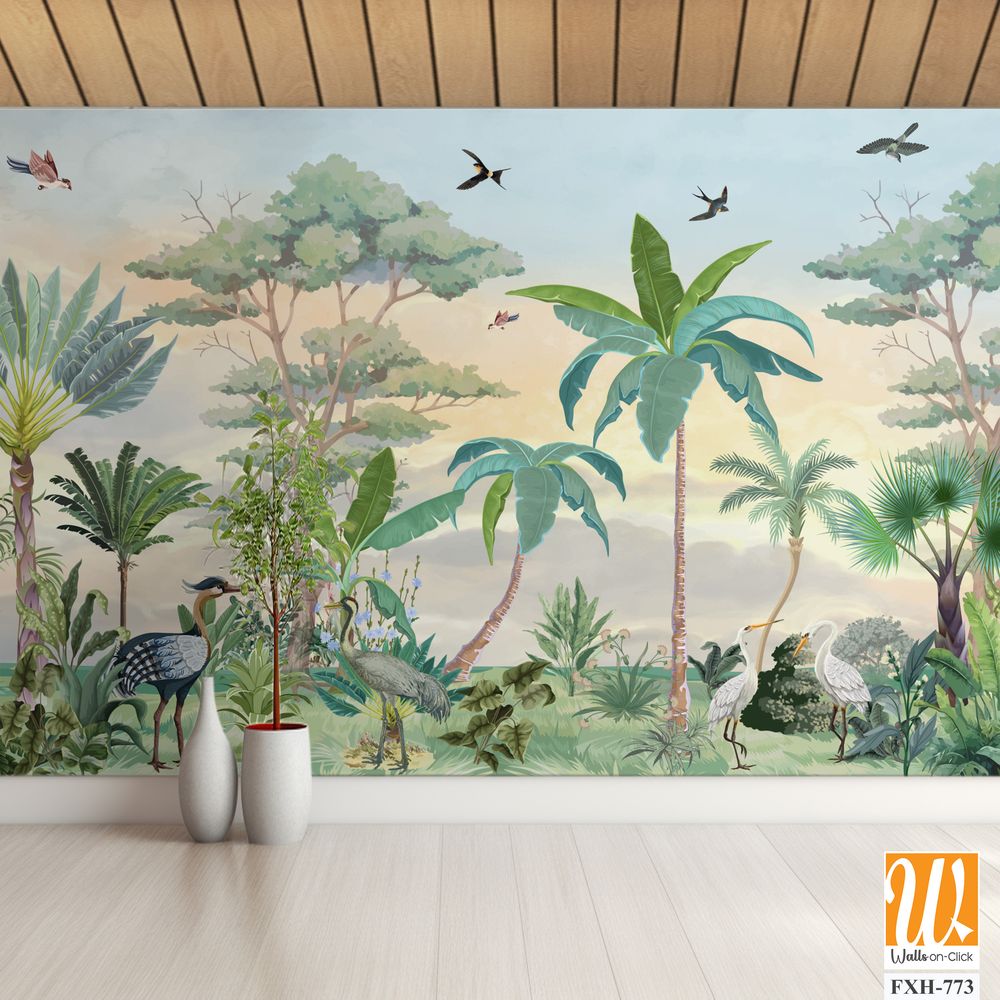 Stunning wall murals Illustration for Wall, Tropical plant with Watercolor background,Birds, Animals. [WP-FXH-773]