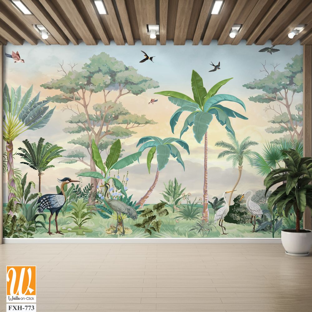 Stunning wall murals Illustration for Wall, Tropical plant with Watercolor background,Birds, Animals. [WP-FXH-773]